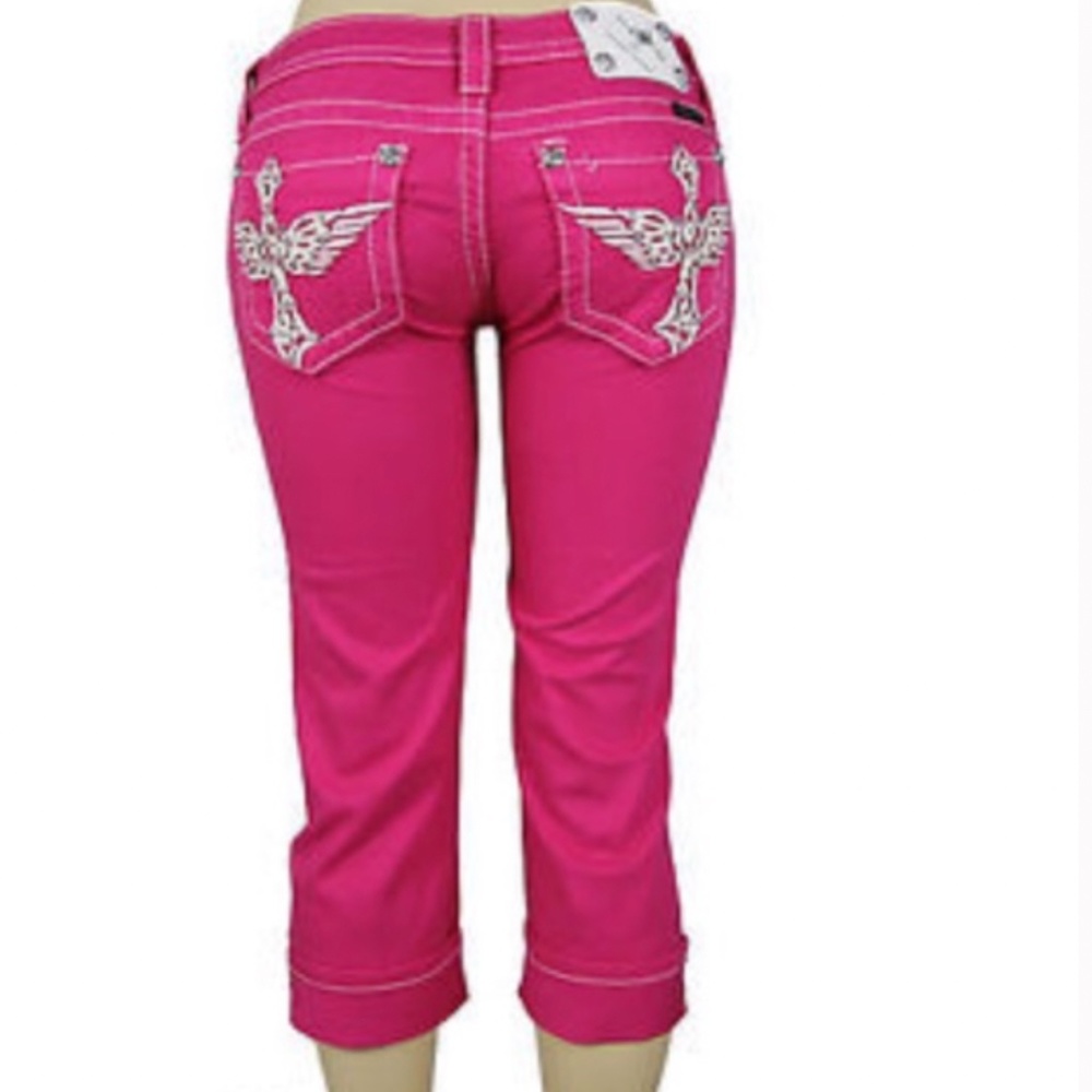 Miss Me Cuffed Capri Leather Wing Cross Rhinestone Hot Neon Pink Crop Denim Jean